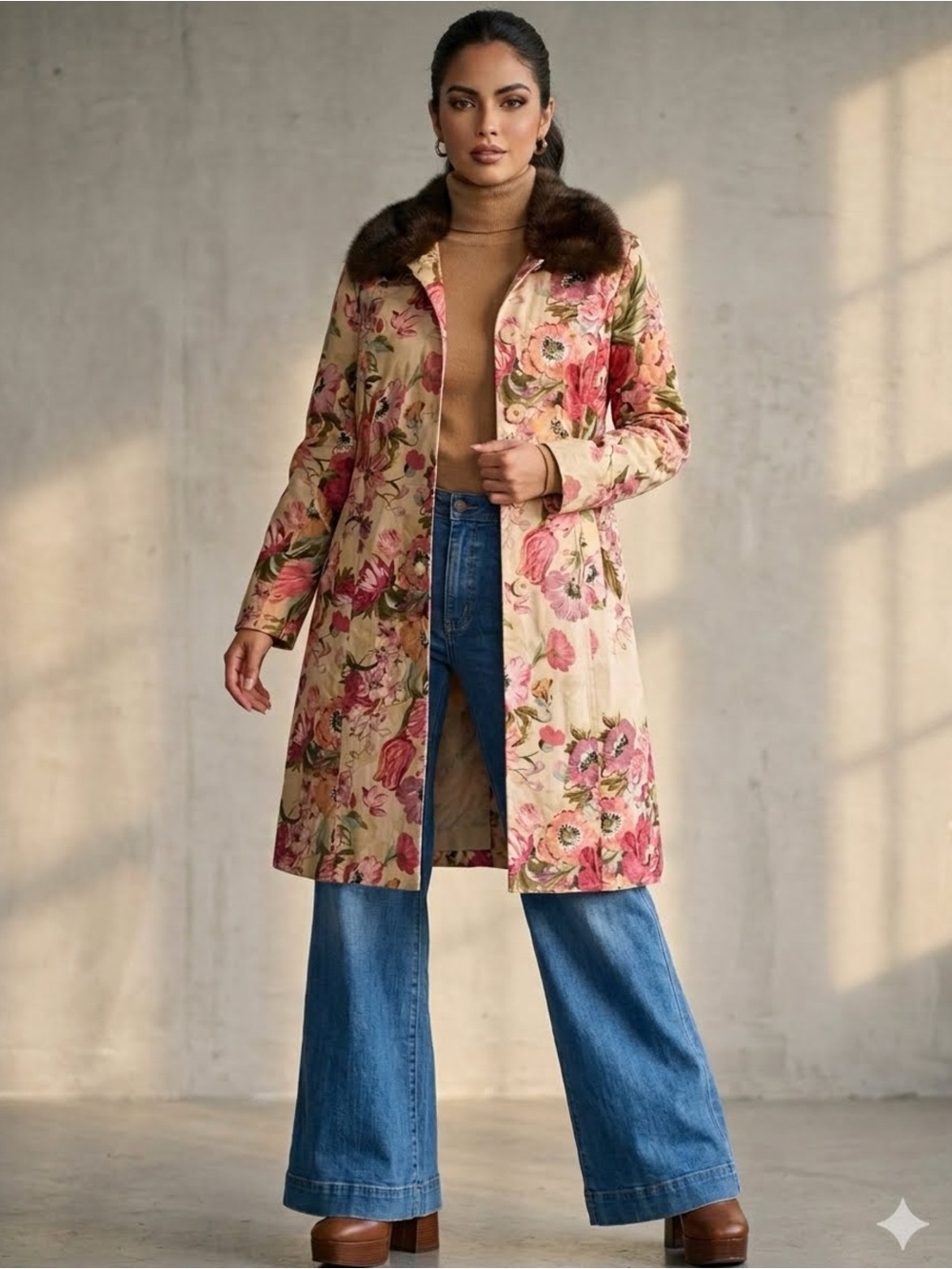 VTG Deadstock Y2K Tailor New York Floral Faux Fur Collar Trench Duster Coat Sz 8